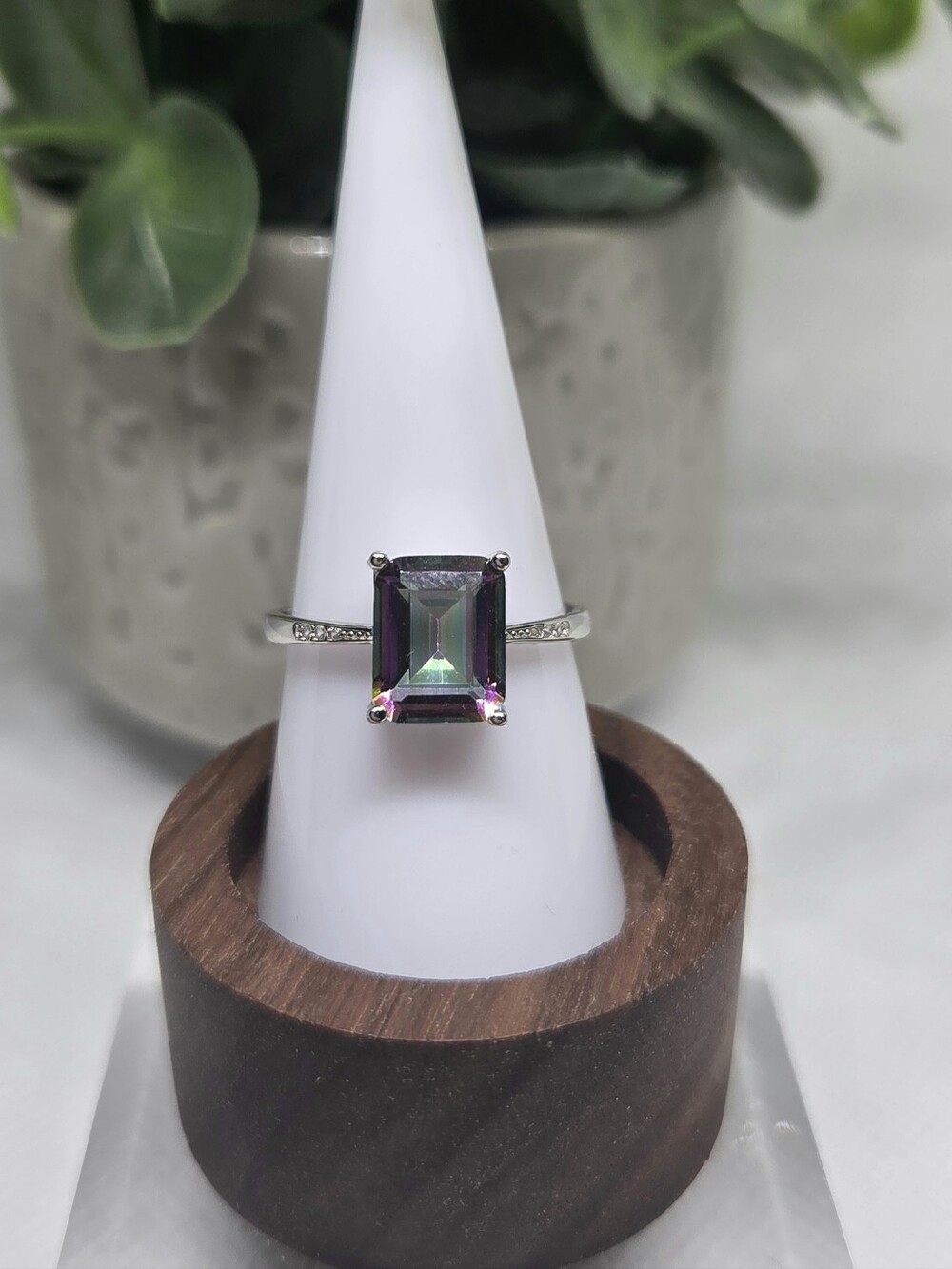 Mystic Topaz Emerald-Cut Silver-Tone Ring